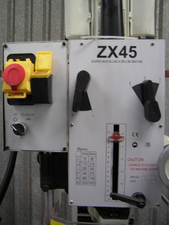 Drill/Mill New ZX45, 60-1600rpm, 1.5hp single phase, coolant pump, light, stand, MT4 arbor, drill chuck, geared head rotates 90deg, dovetail column